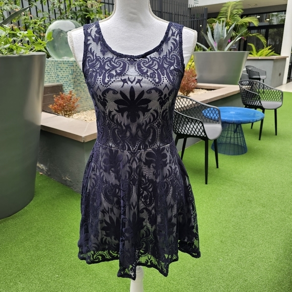 SALLY MILLER Victorian Vibes Dress Silky Silver Lining Deep Blue Sheer Velvet - Picture 17 of 17